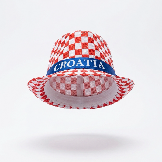 Fedora Hat Croatia Checkered hat with 'CROATIA' text on a white background