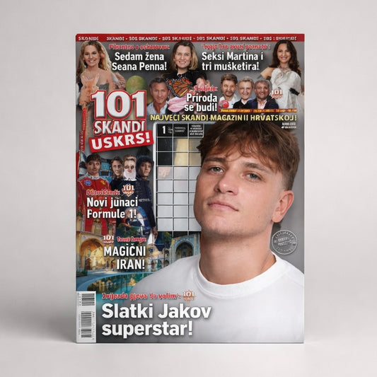 101 Skandi Crossword Magazine on Sale! Croatian Magazine cover with a person on the front, featuring text and images of other people.