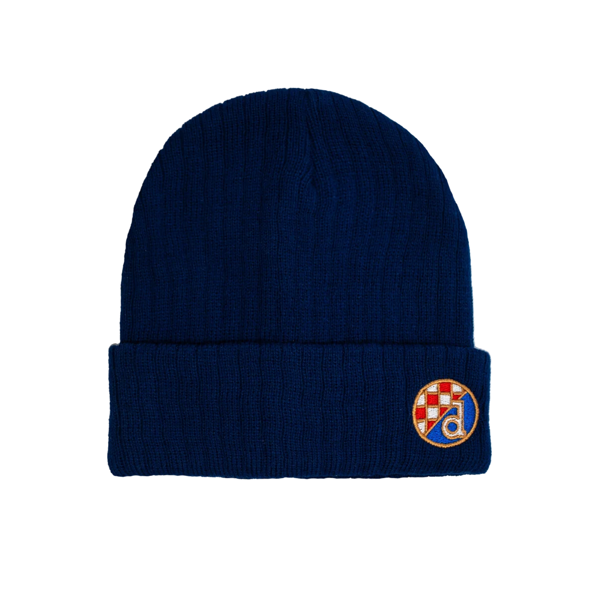 Kids Knitted Scarf and Beanie Dinamo Zagreb Navy blue beanie with a colorful logo on a white background