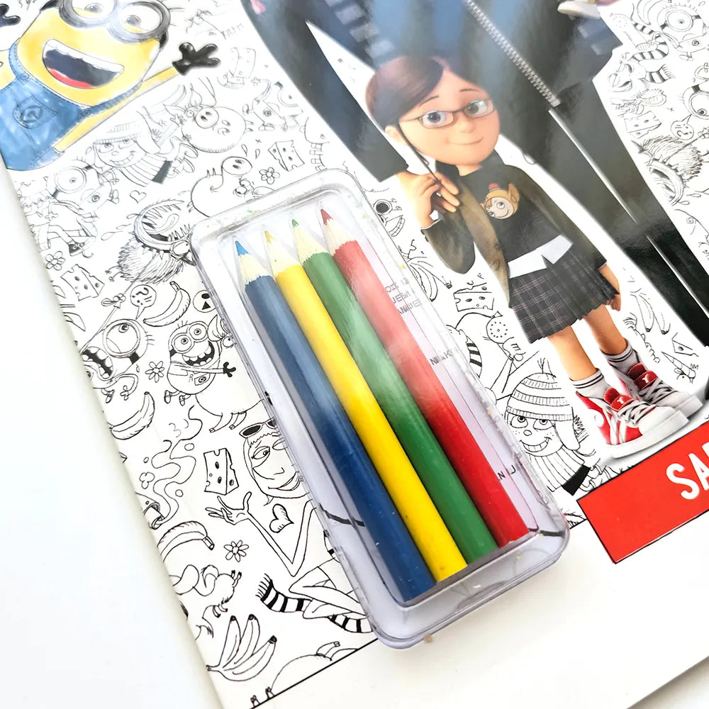 Kako Je GRU Postao Dobar: Kreativne Aktivnosti – Bojanka Set of colored pencils in a case on a coloring book with cartoon characters.