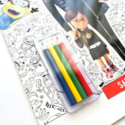 Kako Je GRU Postao Dobar: Kreativne Aktivnosti – Bojanka Set of colored pencils in a case on a coloring book with cartoon characters.