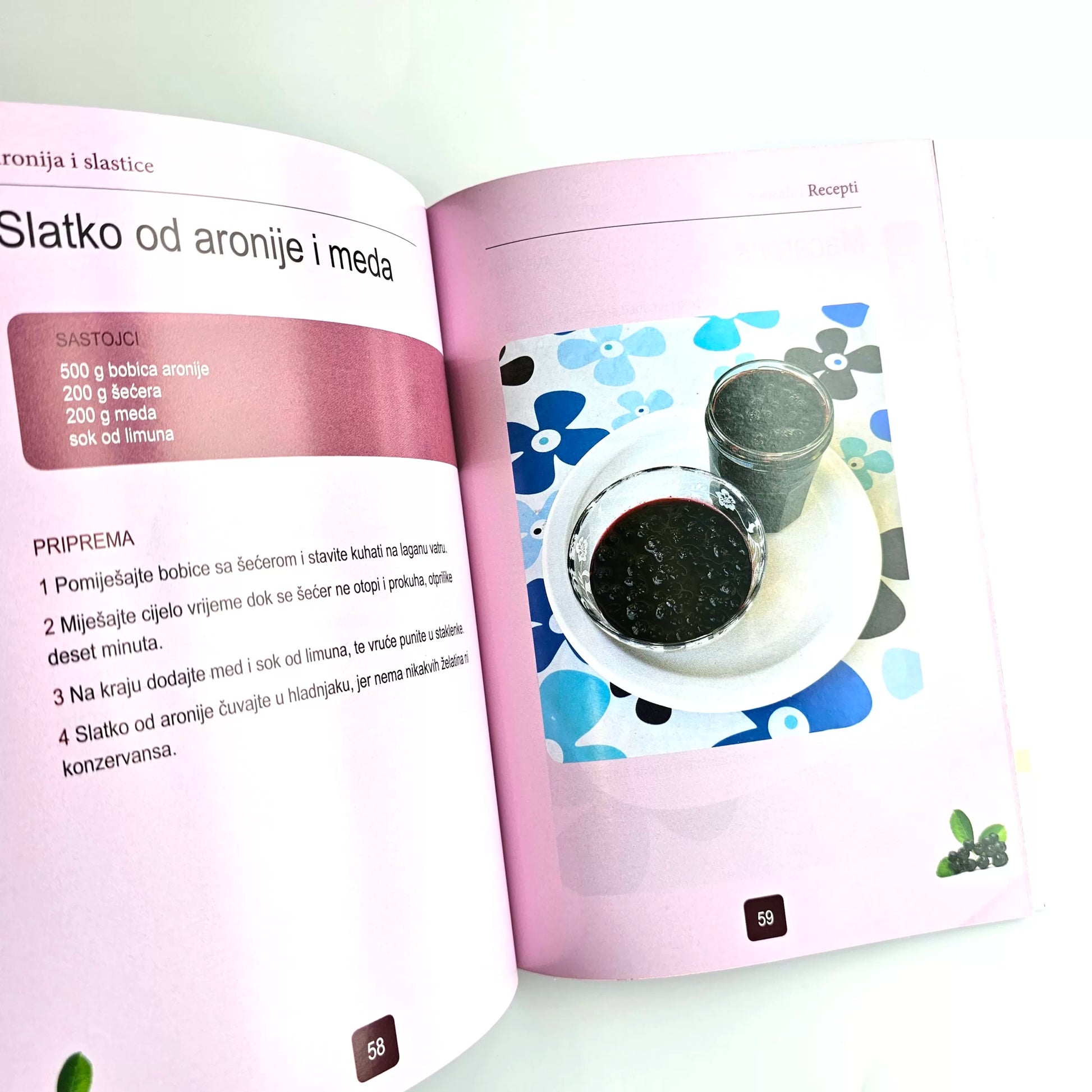 Aronija i Slastice (Aronia Desserts) Open cookbook with a recipe for a dessert on a white background