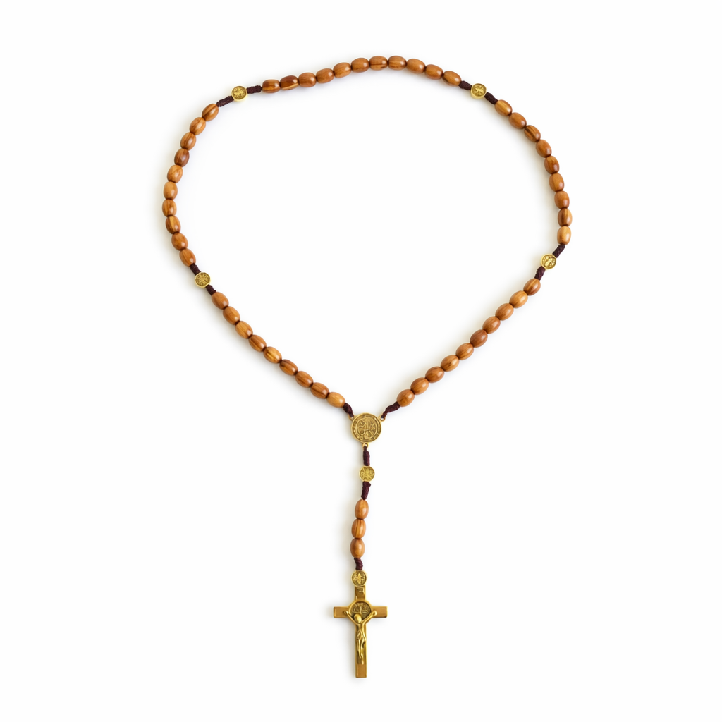 Handcrafted Wooden Rosary with Gold‑Tone Crucifix