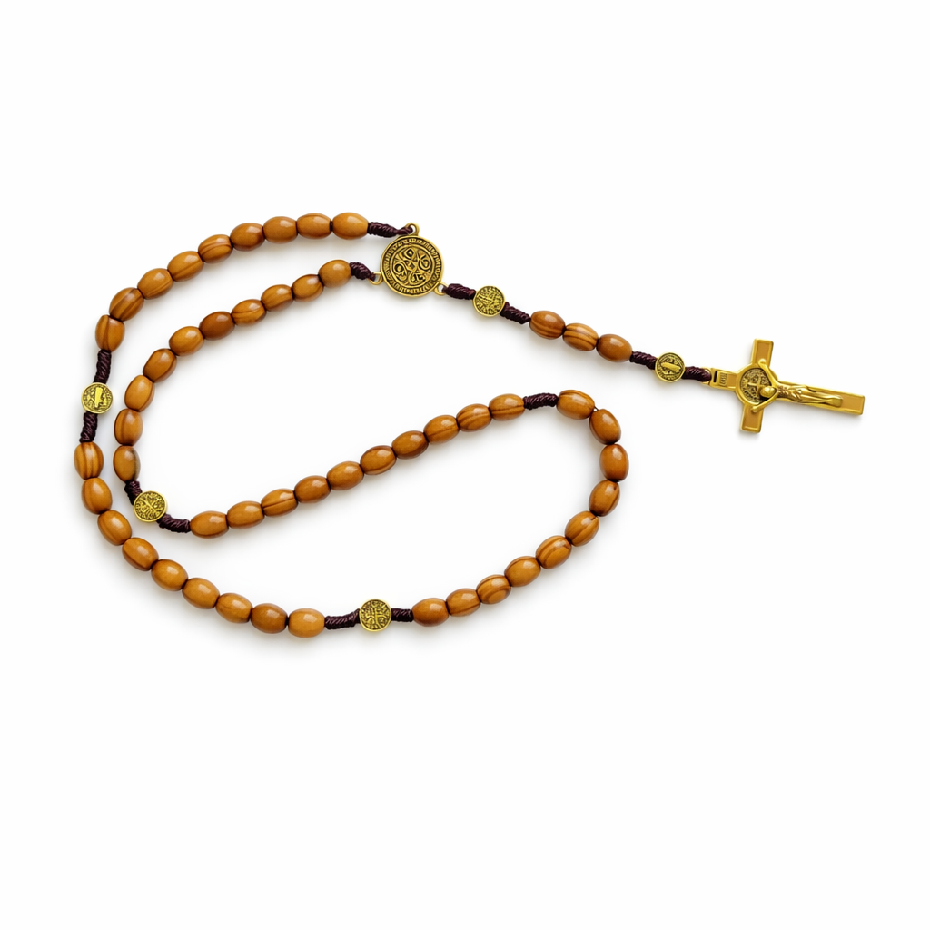 Handcrafted Wooden Rosary with Gold‑Tone Crucifix