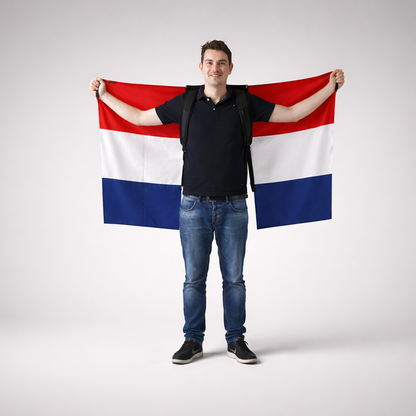 Backpack with Croatian Flag Man holding a flag with red, white, and blue colors on a plain background