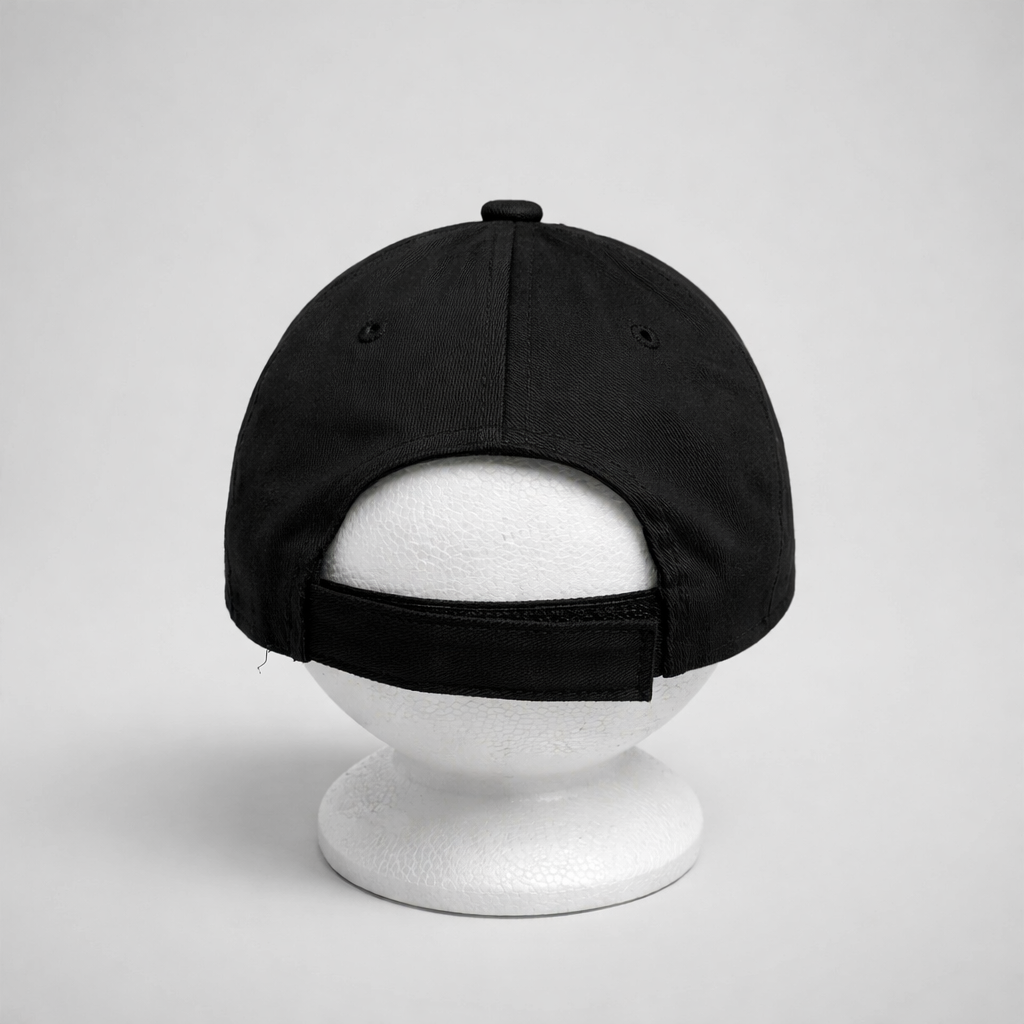 Baseball Cap HOS Za Dom Black cap on a white mannequin head against a light gray background