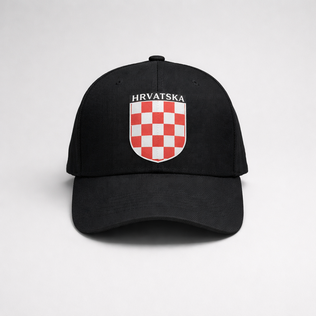Baseball Cap Hrvatska Prvo Bijelo Polje Black cap with Croatian emblem and text on a white background shopncro.com