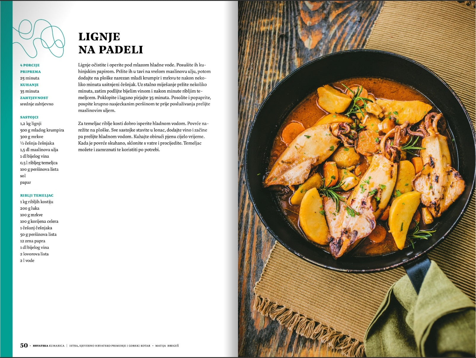 Croatia – The Cookbook (Croatian) Cookbook page with a dish of octopus and potatoes on a wooden table.