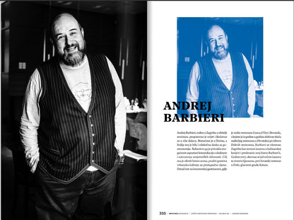 Croatia – The Cookbook (Croatian) Person in a vest with a blue inset and text overlay on a magazine layout