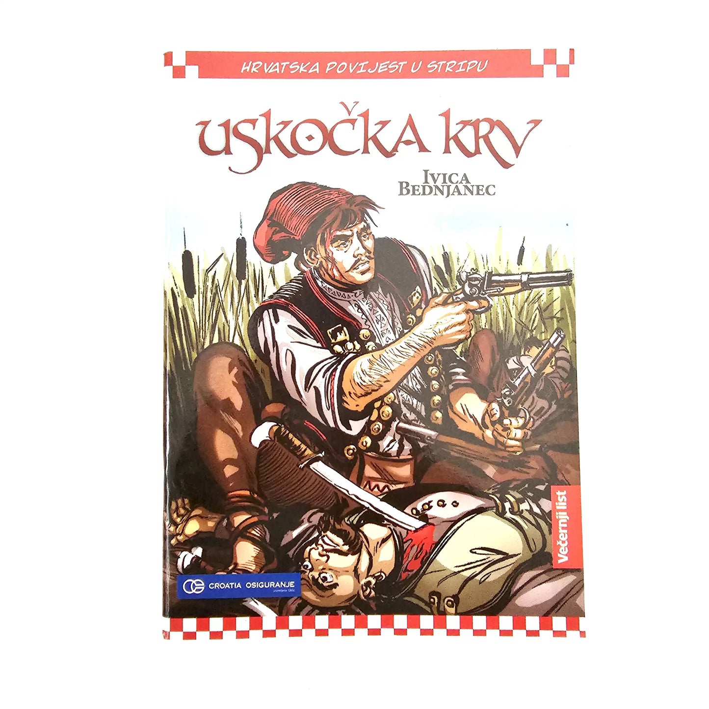 Croatian History in Comics – Uskočka Krv (Croatian Language Comic) Book cover of 'Uskožká krv' with illustration of a character holding a gun and sword, on a white background.