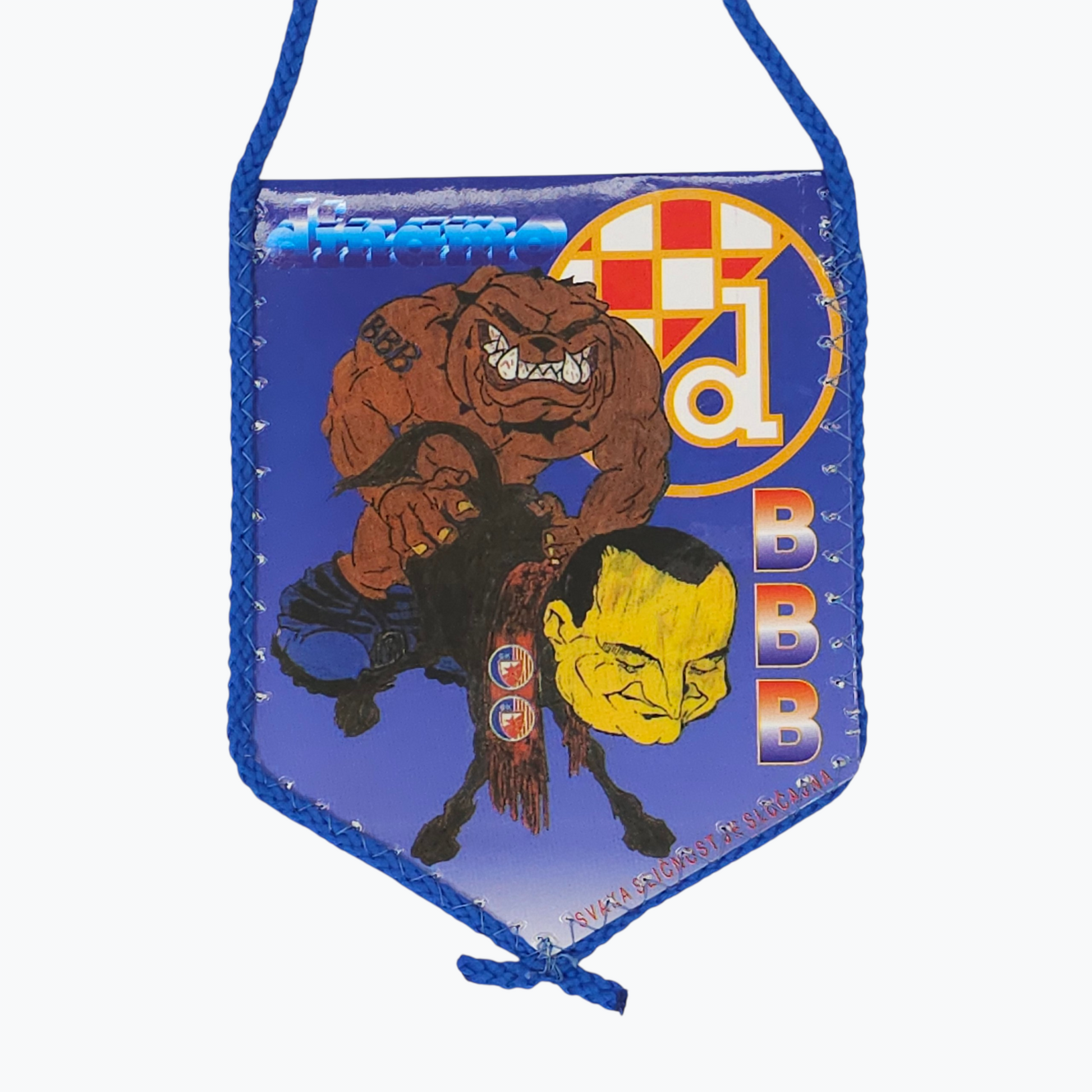 Dinamo BBB Car Flag, Small banner with a bear and face design, featuring colors and text on a blue background.