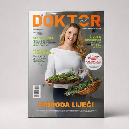 Doktor u Kuci Magazine on Sale! Croatian Magazine cover with a woman holding a basket of plants on a gray background