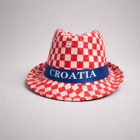 Fedora Hat Croatia Red and white checkered hat with a blue band labeled 'Croatia' on a gray background