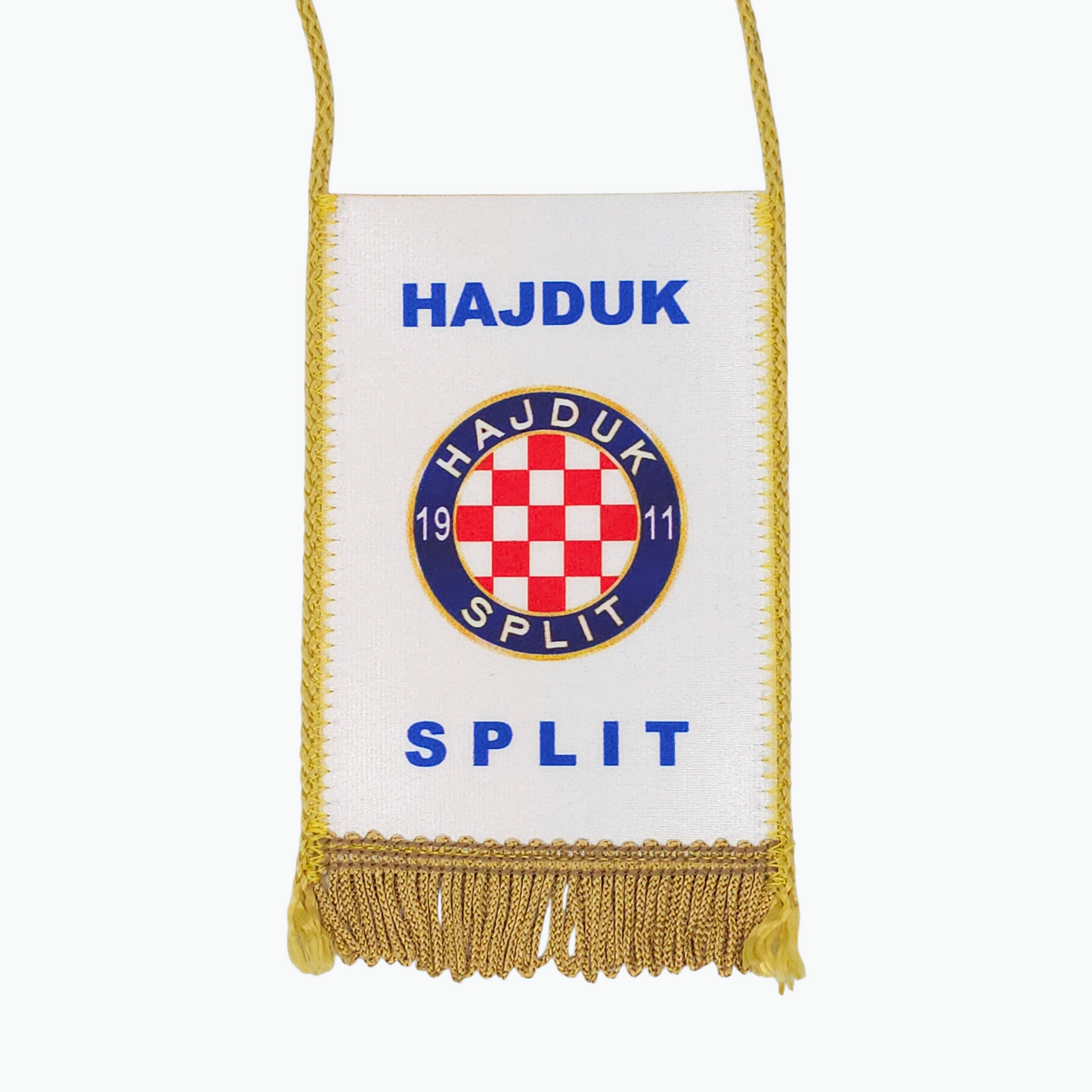 Hajduk Split 2-Sided Car Flag. Small banner with Hajduk Split logo and text on a white background