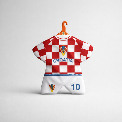 Hanging Decor Team Croatia - Double‑Sided Design with HNS Details Croatia soccer jersey with number 10 on a hanger against a light gray background