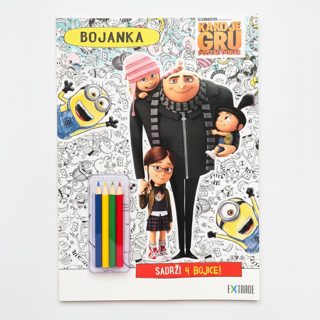 Kako Je GRU Postao Dobar: Kreativne Aktivnosti – Bojanka Coloring book with cartoon characters and colored pencils on a white background