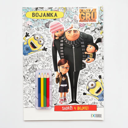 Kako Je GRU Postao Dobar: Kreativne Aktivnosti – Bojanka Coloring book with cartoon characters and colored pencils on a white background