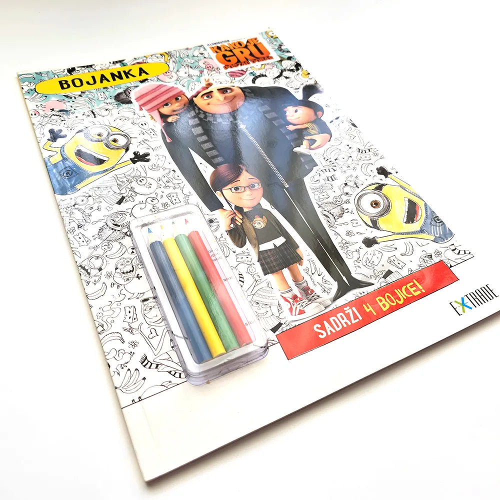 Kako Je GRU Postao Dobar: Kreativne Aktivnosti – Bojanka Coloring book with Minions and coloring pencils on a white background
