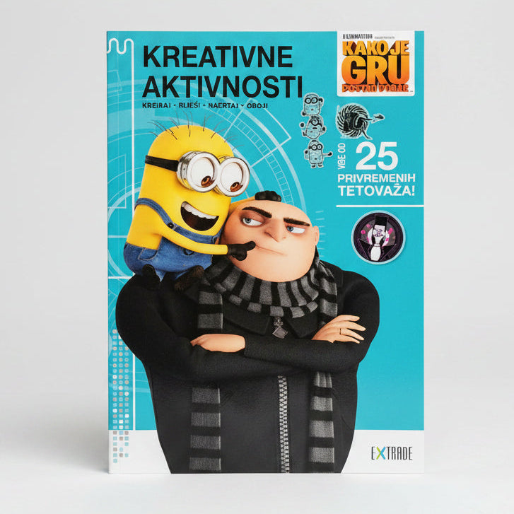 Kako Je GRU Postao Dobar: Kreativne Aktivnosti – Tetovaže Book cover with a yellow character and a person in a dark outfit against a blue background
