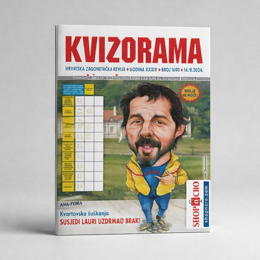 Kvizorama Crossword Magazine on Sale! Croatian Magazine cover titled 'Kvizorama' with a cartoon character on a gray background