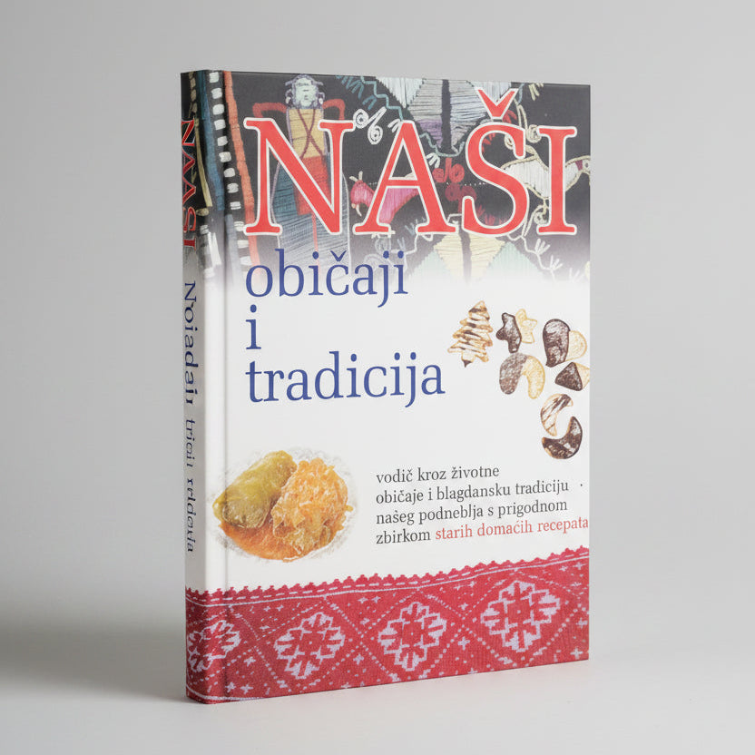 Naši Običaji i Tradicija – Croatian Customs & Traditions (Croatian Language Book) Book cover of 'Nači obđaji i tradicija' with illustrations of food and patterns.