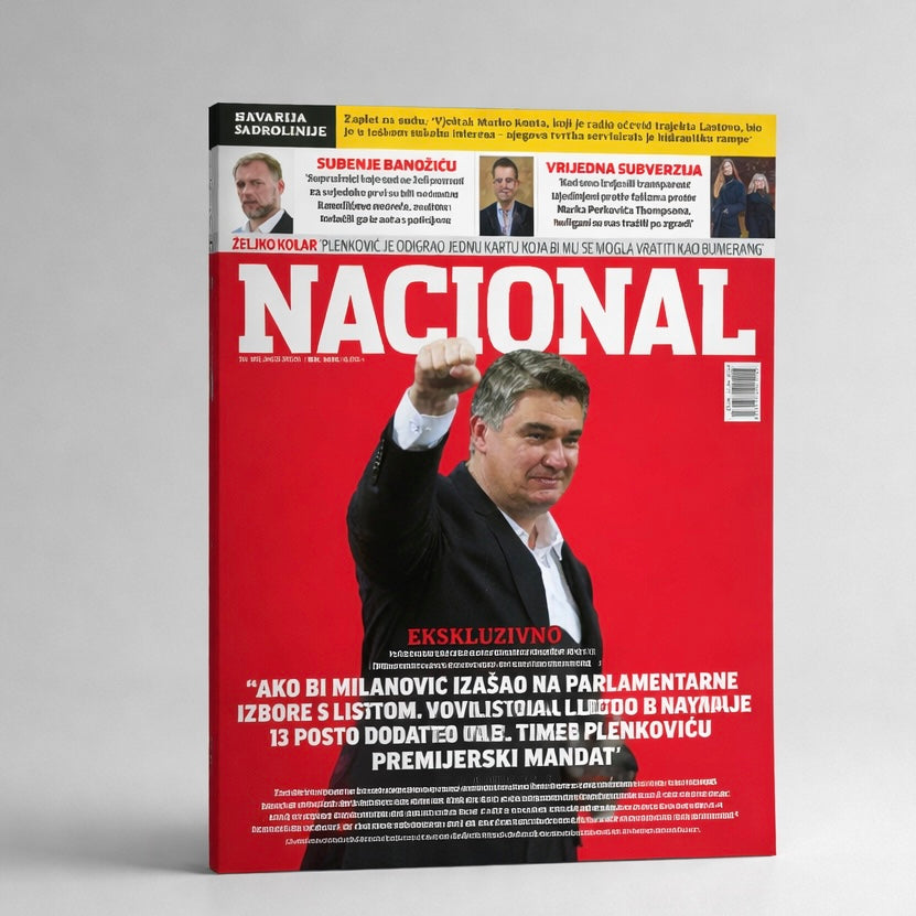 Nacional Magazine on Sale! Croatian Magazine cover with a red background and text, featuring a person in a suit.