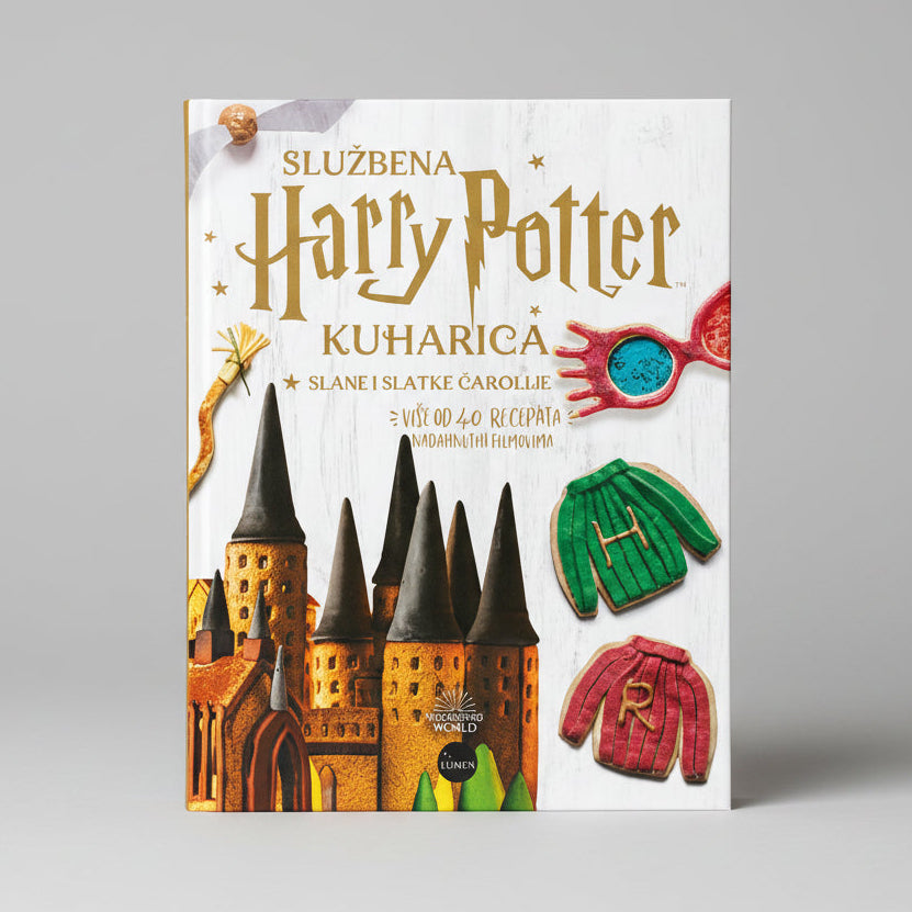 Official Harry Potter Cookbook - Slane i Slatke čarolije Book cover of 'Harry Potter' themed cookbook with cookies shaped like castle, sweater, and hand.