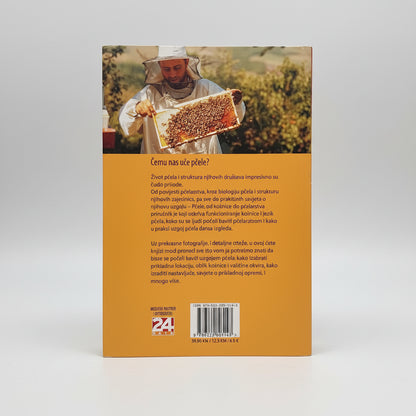 Pčele – Od Košnice Do Pčelarstva (Croatian Beekeeping Guide) Book cover with a beekeeper and honeycomb on an orange background