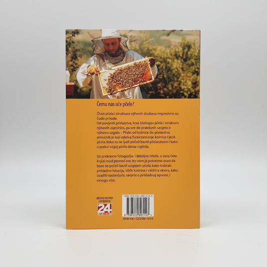 Pčele – Od Košnice Do Pčelarstva (Croatian Beekeeping Guide) Book cover with a beekeeper and honeycomb on an orange background