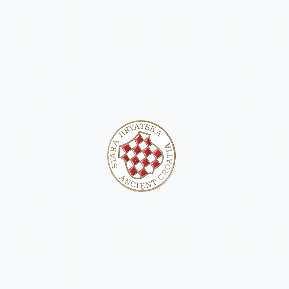 Stara Hrvatska Ancient Croatia Pin Logo with a red and white checkered pattern and text on a white background