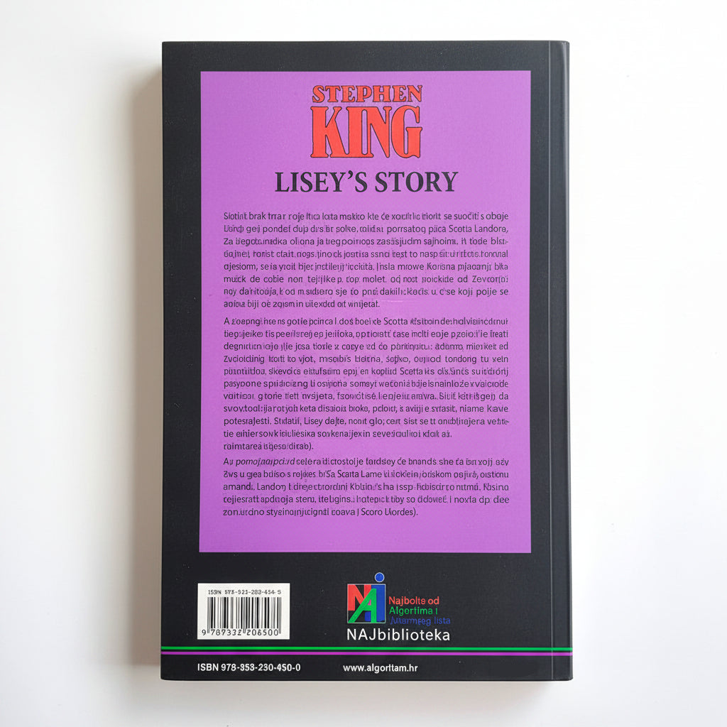 Stephen King - Liseyna Priča (Prvi dio) Back cover of 'Lisey's Story' by Stephen King with purple background and text.