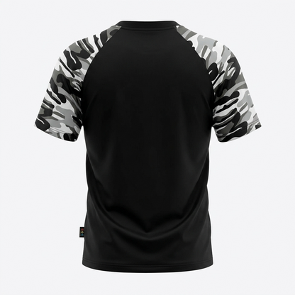 T-shirt Croatia Camo Prvo Bijelo Polje in black Black t-shirt with camouflage sleeves on a white background